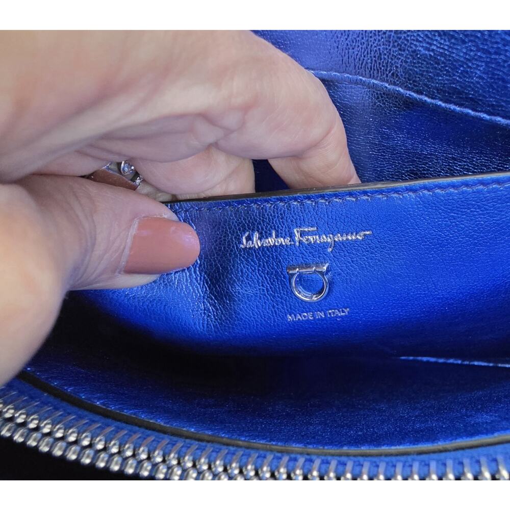 Salvatore Ferragamo Metallic Blue Leather Shoulder Bag Gancini Silver HW w/COA - Picture 8 of 11